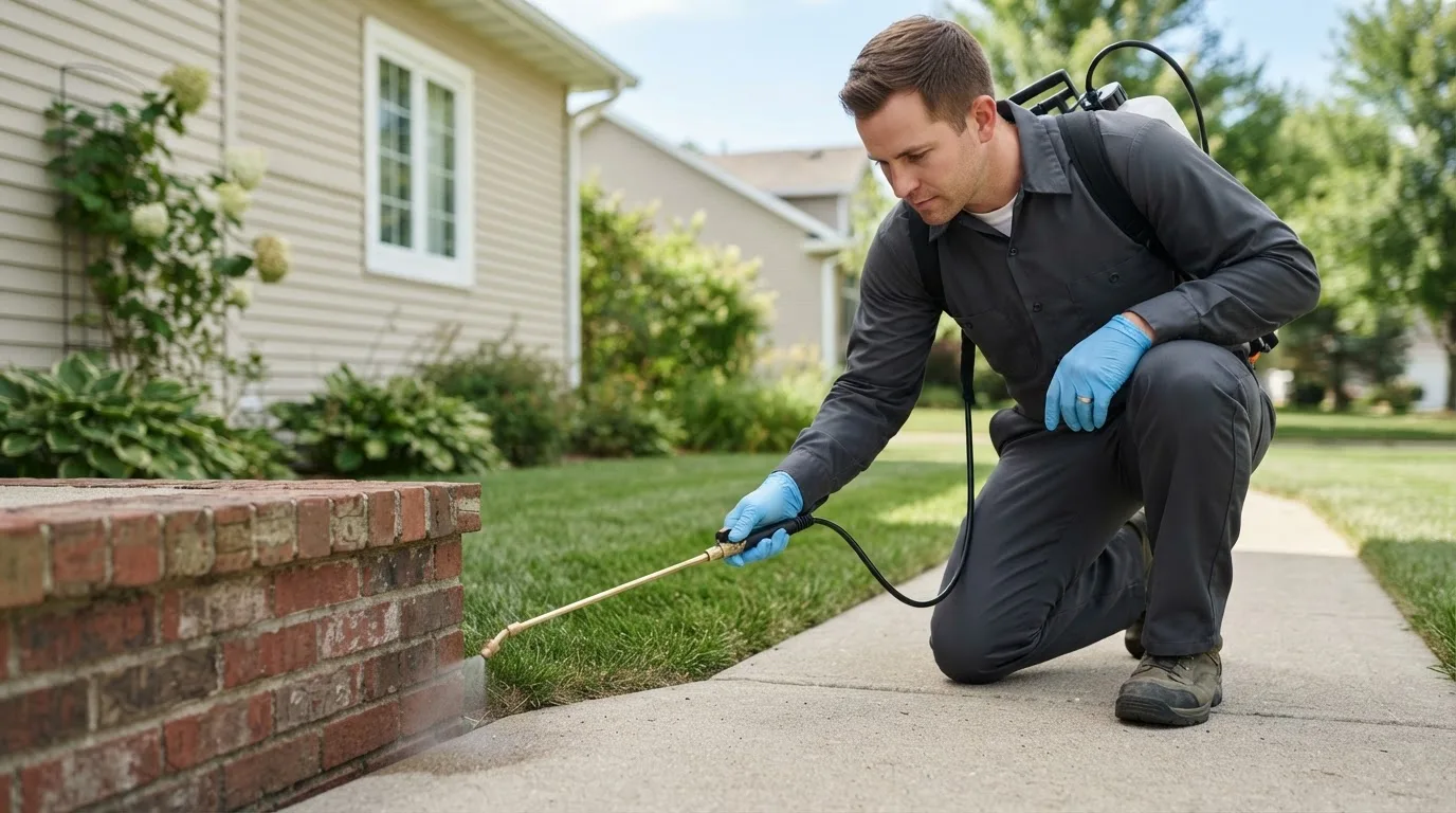 Pest control technician treating a home near Sharon, WI
