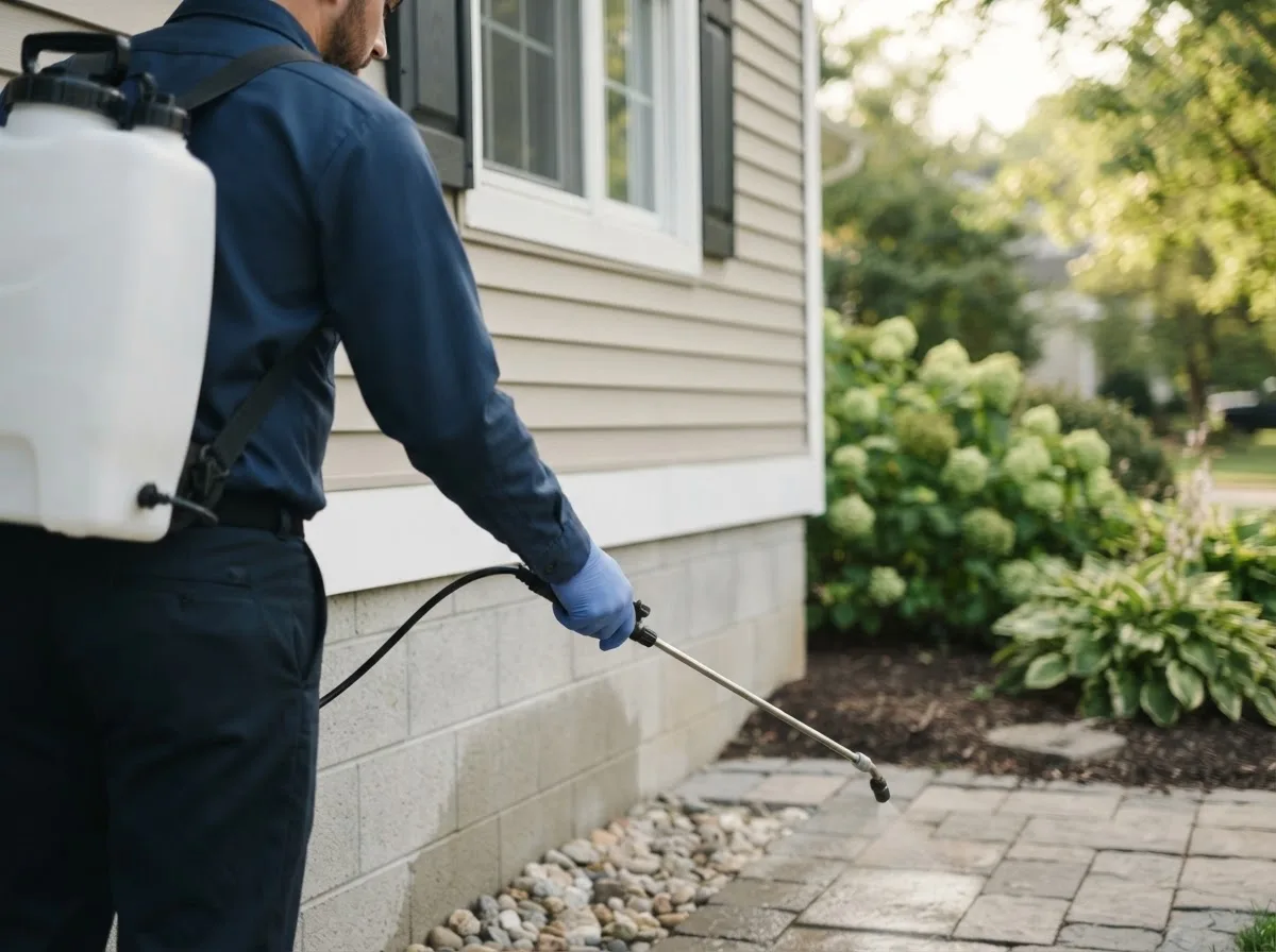 Pest control technician inspecting a home in Sharon, WI